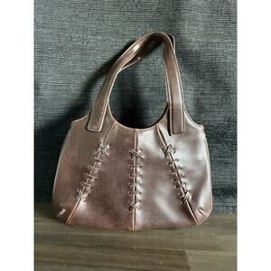 Q&A Brown Leather Handbag Shoulder Bag Whipstitch Lace-up Detail Boho Western